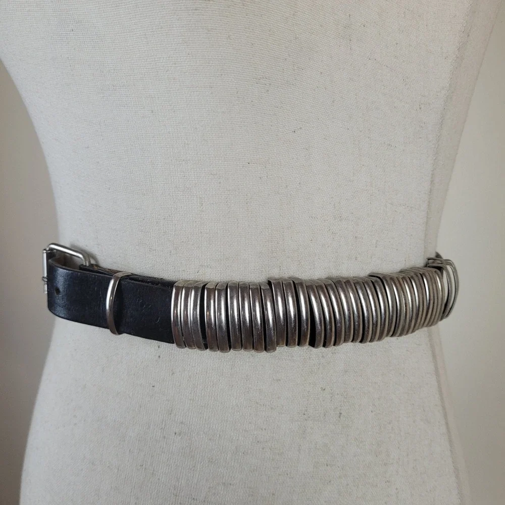 Black Leather Belt Sml Metal Rings Punk Goth Biker Grunge Industrial Cyber Y2K